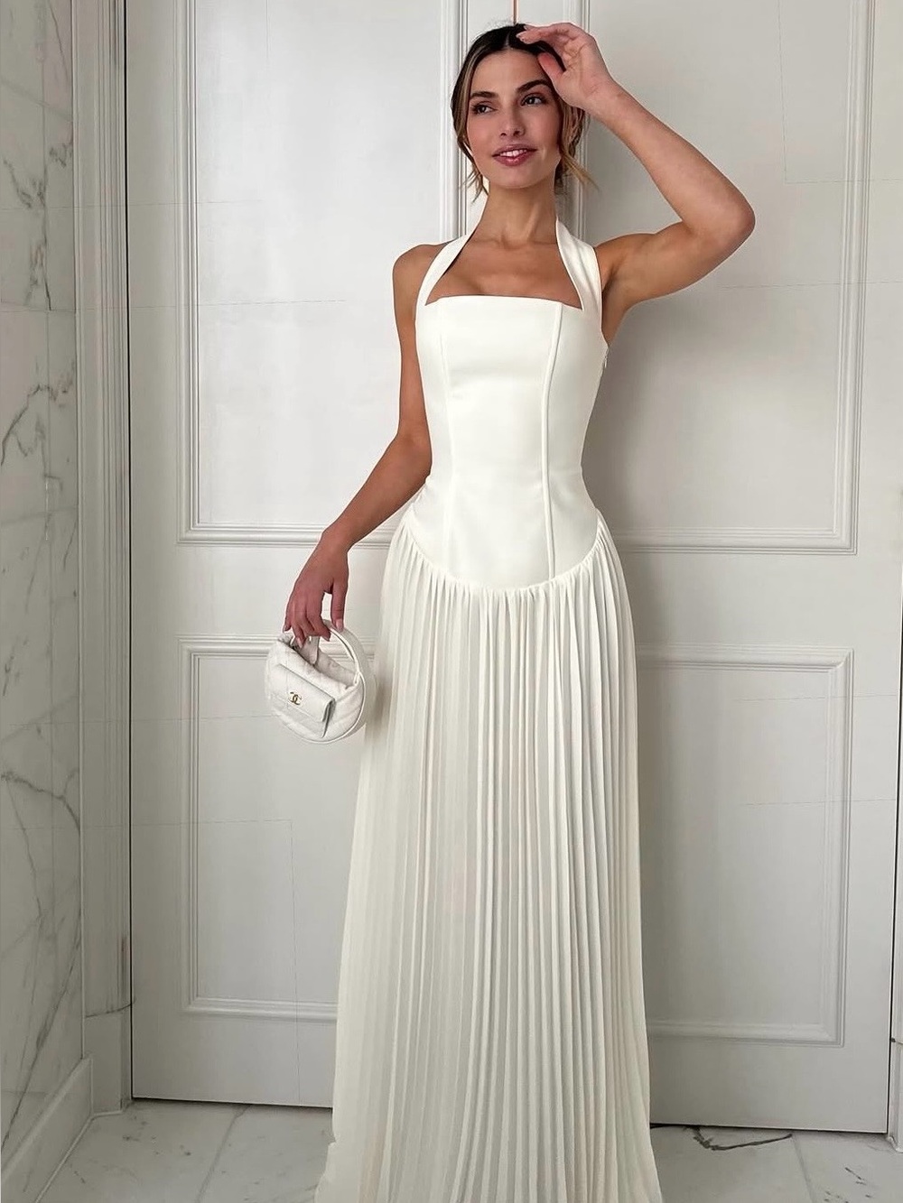 Pleated Halter Drop Waist Maxi Dress - Ivory